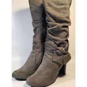 Diba Women's Faux Suede Leather Gray Mid Calf Slouch Boots Block Heels Size 9.5M
